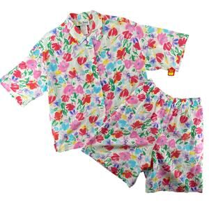 Vtg NOS 80s 90s Two Potato Resort Wear Button Down Shirt + Shorts Set S Floral